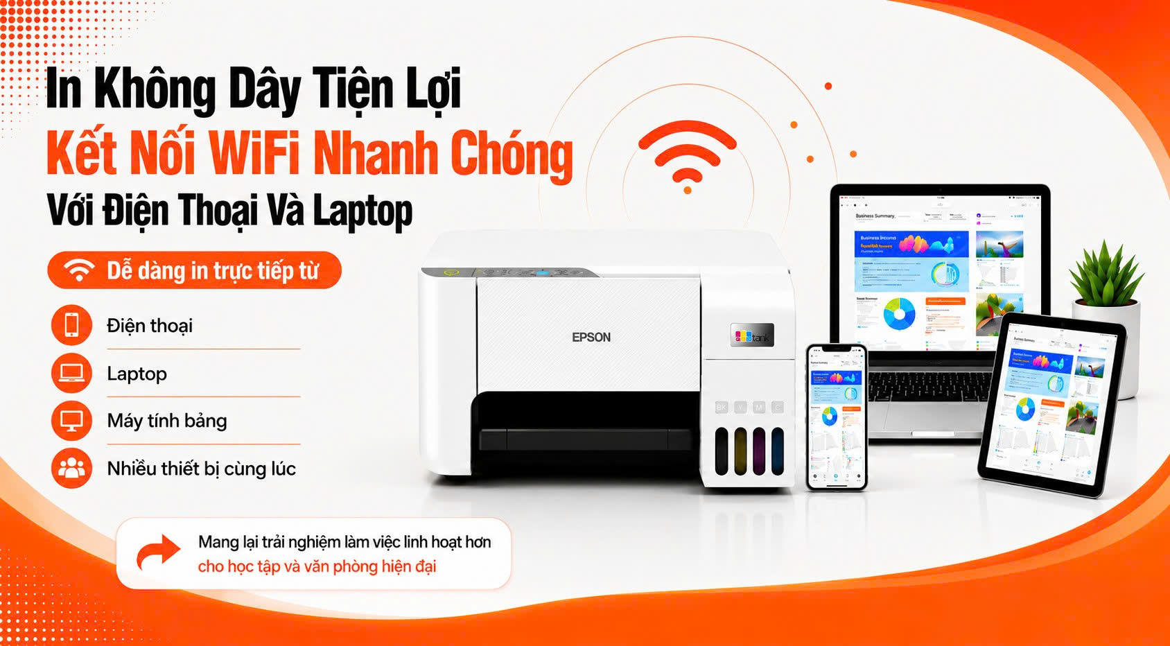 Epson L3256 hỗ trợ in không dây WiFi tiện lợi cho học tập và văn phòng