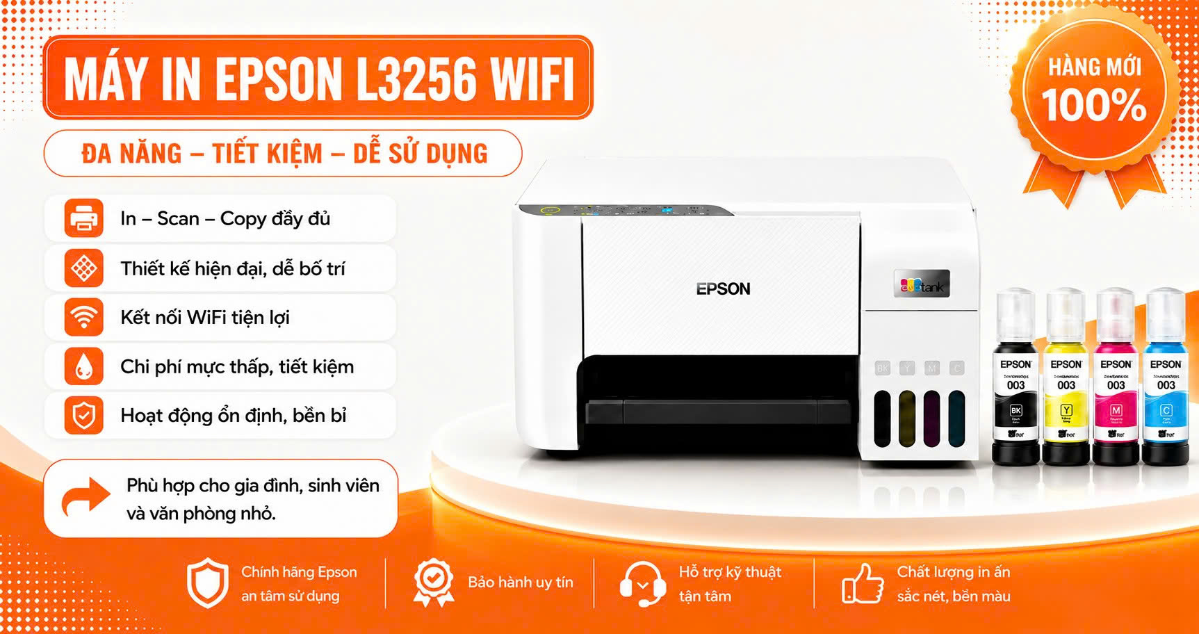 Máy in Epson L3256 WiFi đa năng màu trắng dành cho gia đình và văn phòng