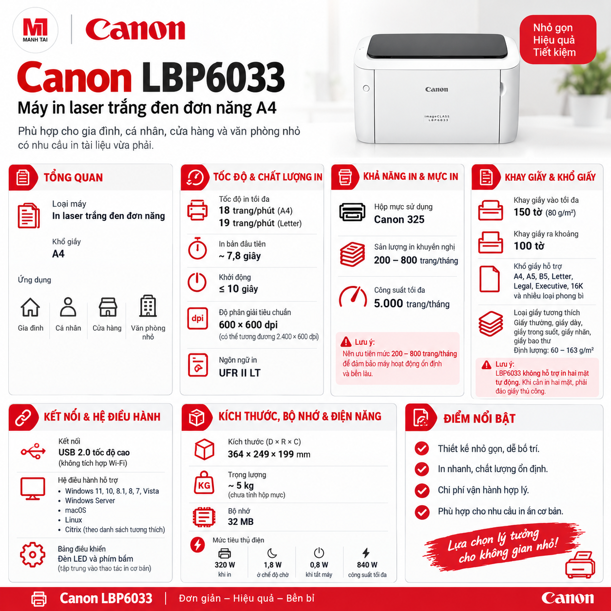 Máy In Canon LBP6033 Chính Hãng | Máy In Laser Trắng Đen A4 2 Thông số kỹ thuật Canon LBP6033 gồm tốc độ in, độ phân giải, khay giấy và kết nối.
