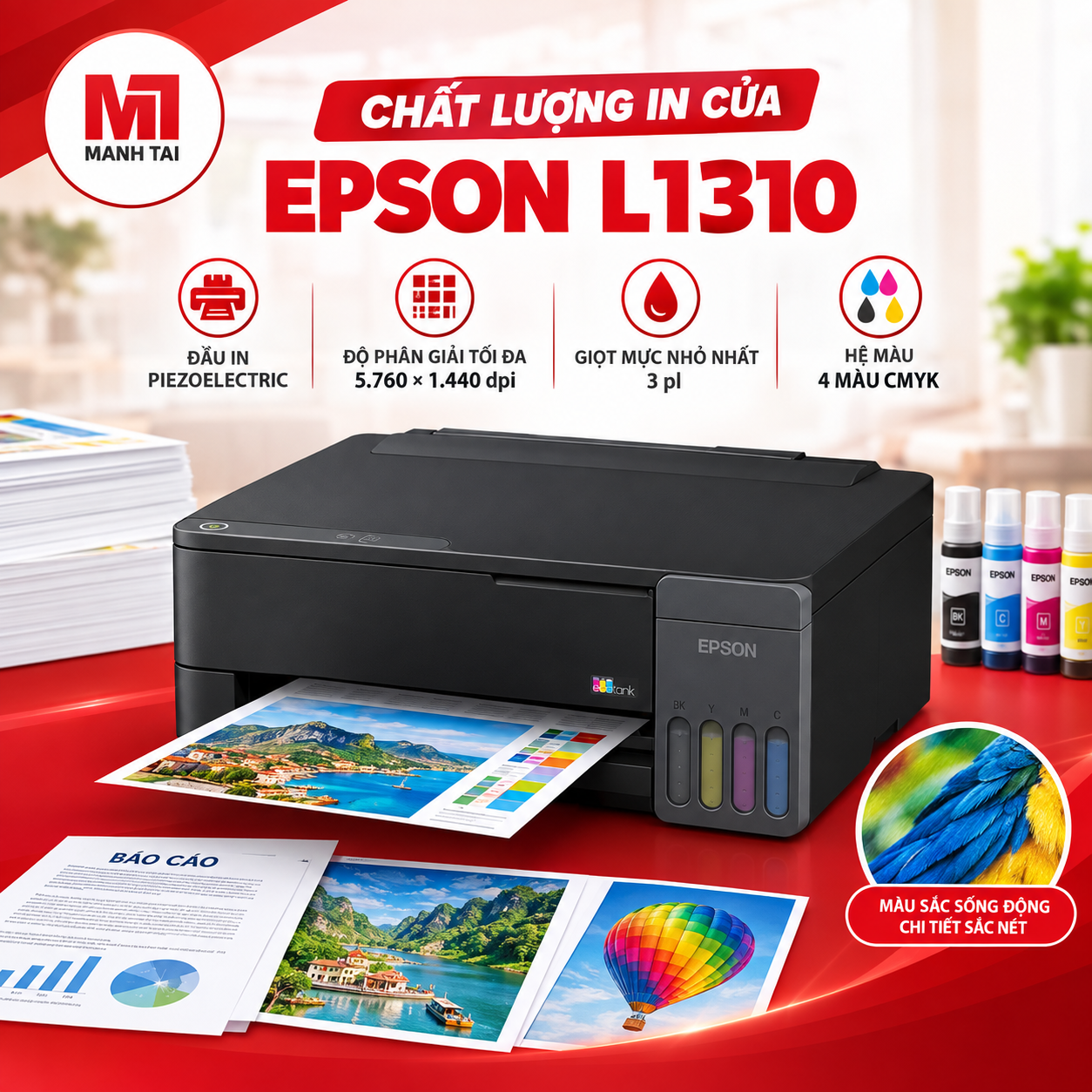 Máy in Epson L1310 cho chất lượng in màu A4 rõ nét với độ phân giải tối đa 5.760 × 1.440 dpi.