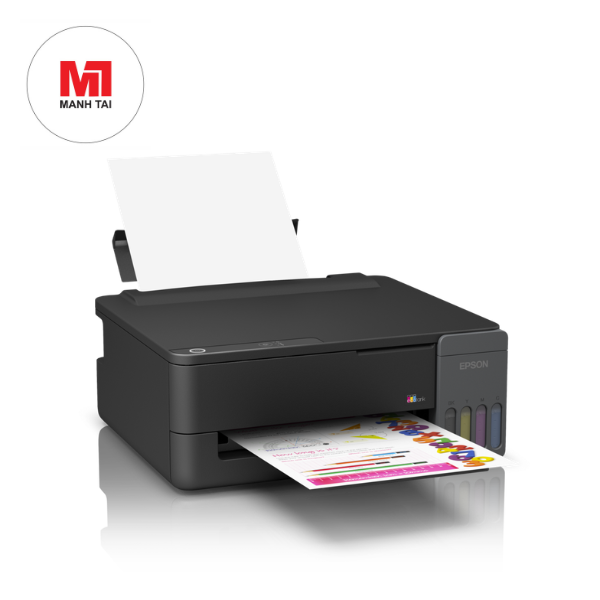 Máy in Epson L1310 nhìn từ góc nghiêng đang in tài liệu màu A4