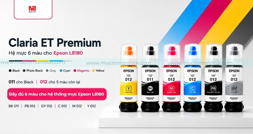 Mực In Epson L8180 Chính Hãng (011/012) - 6 Màu 2 Claria ET Premium mực Epson L8180 6 màu 011 012