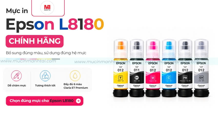 Mực In Epson L8180 Chính Hãng (011/012) - 6 Màu 3 Mực Epson L8180 chính hãng dễ châm tương thích tốt