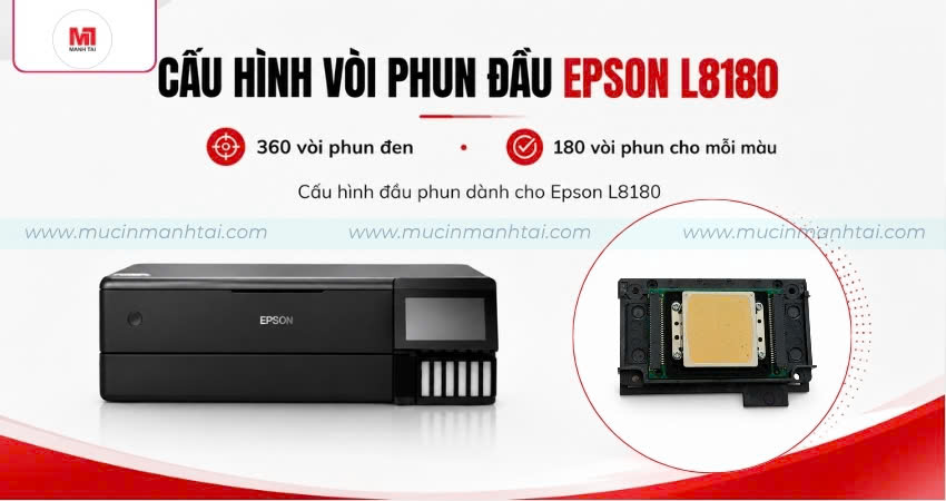 Cấu hình 360 vòi phun đen và 180 vòi phun mỗi màu của đầu phun Epson L8180
