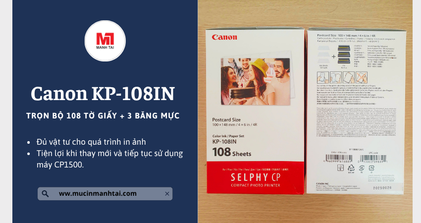 Giấy In Ảnh Canon KP-108IN Cho Canon CP1500 3 Canon KP108 gồm 108 tờ giấy ảnh và 3 băng mực