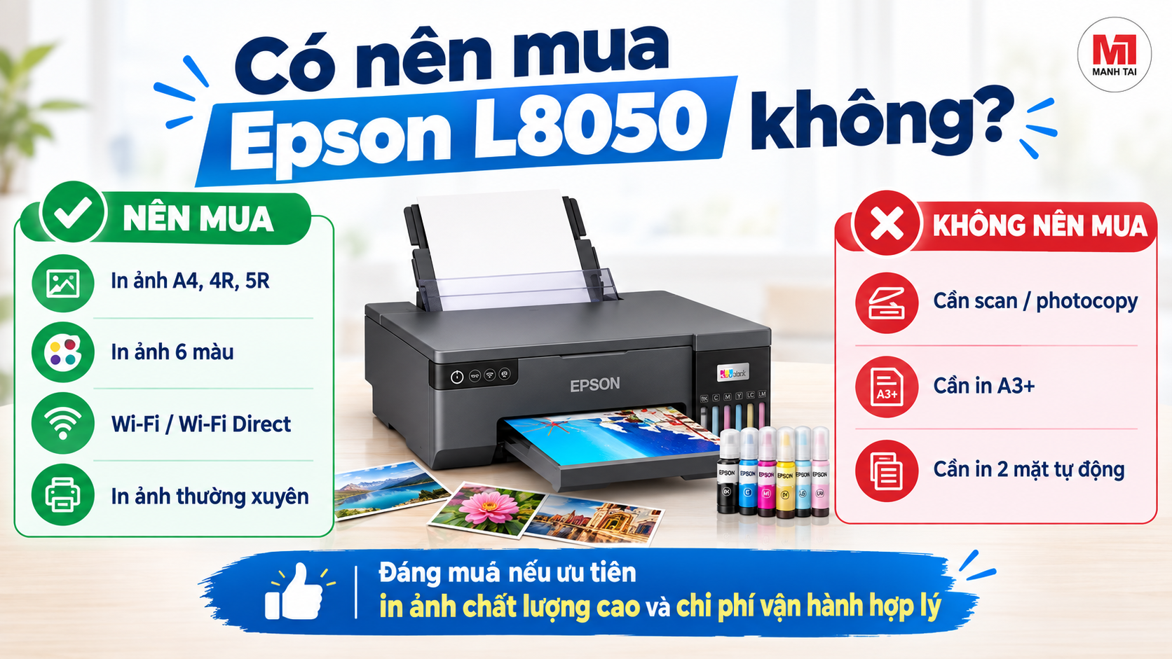 Epson L8050 có tốt không? Có nên mua không? 7 Epson L8050 phù hợp nhu cầu in ảnh 6 màu, kết nối Wi-Fi và chi phí vận hành hợp lý.