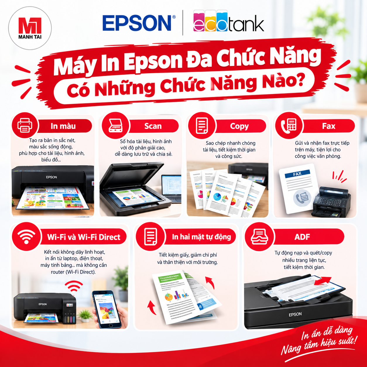 Máy in Epson đa chức năng với các chức năng in màu, scan, copy, fax, Wi-Fi, in hai mặt và ADF