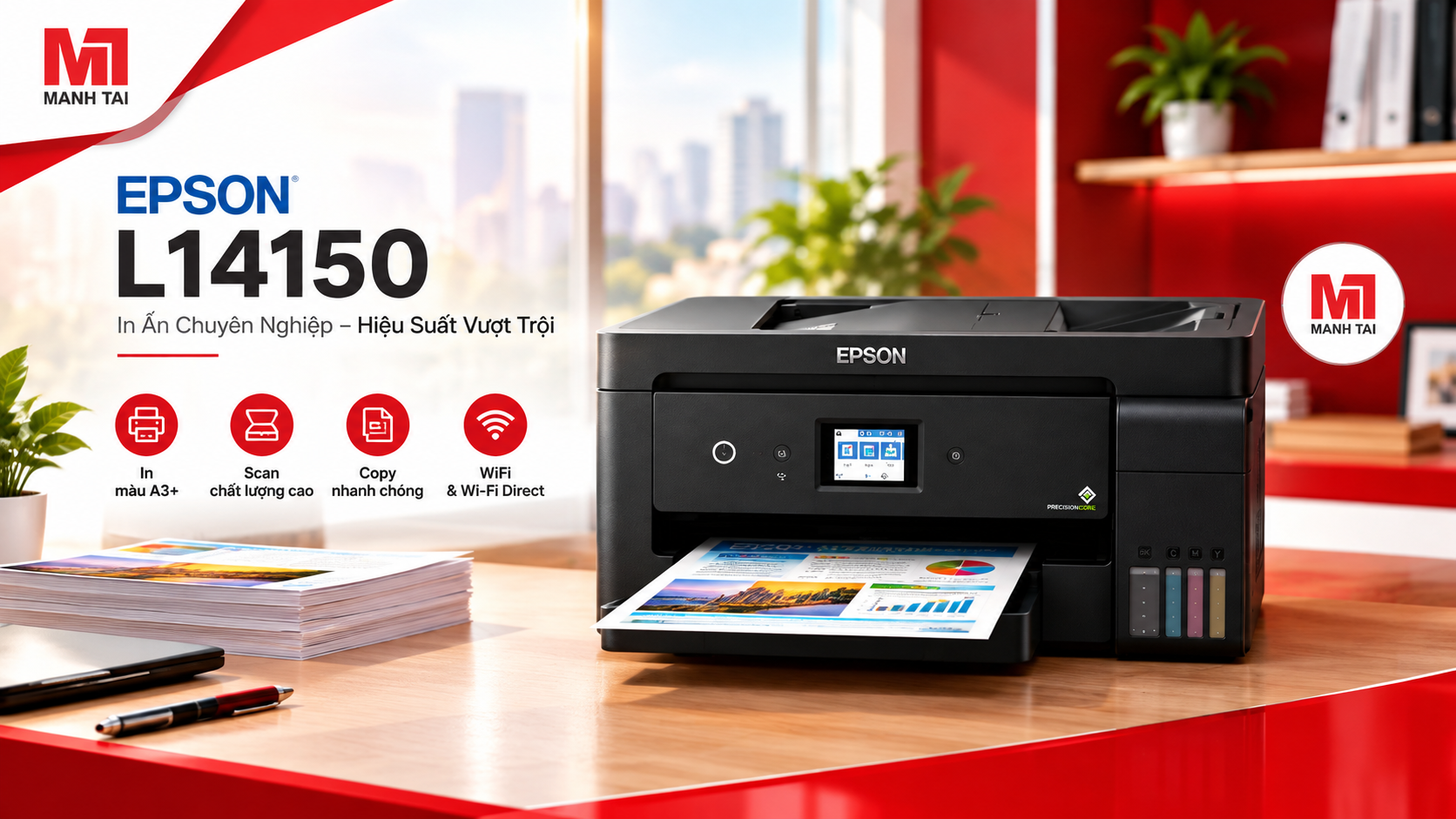 Máy in Epson L14150 scan, copy, fax và ADF, phù hợp cho văn phòng cần xử lý tài liệu khổ lớn.