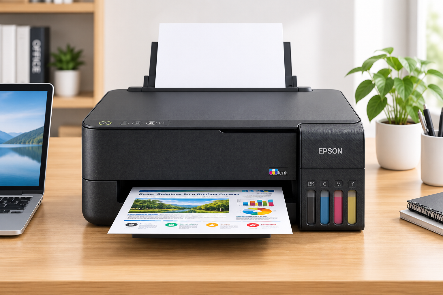 Thiết kế nhỏ gọn của Epson L3350 giúp tiết kiệm không gian trên bàn làm việc.