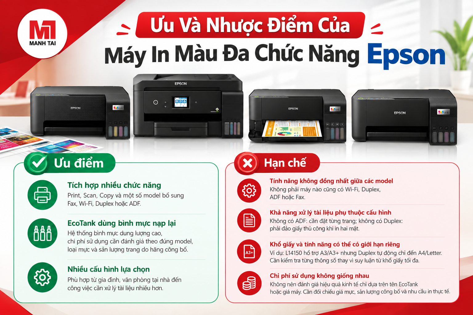 Ưu và nhược điểm của máy in màu đa chức năng Epson.