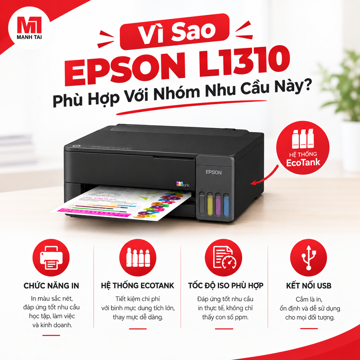 Máy in Epson L1310 phù hợp với nhu cầu in màu, hệ thống EcoTank và kết nối USB